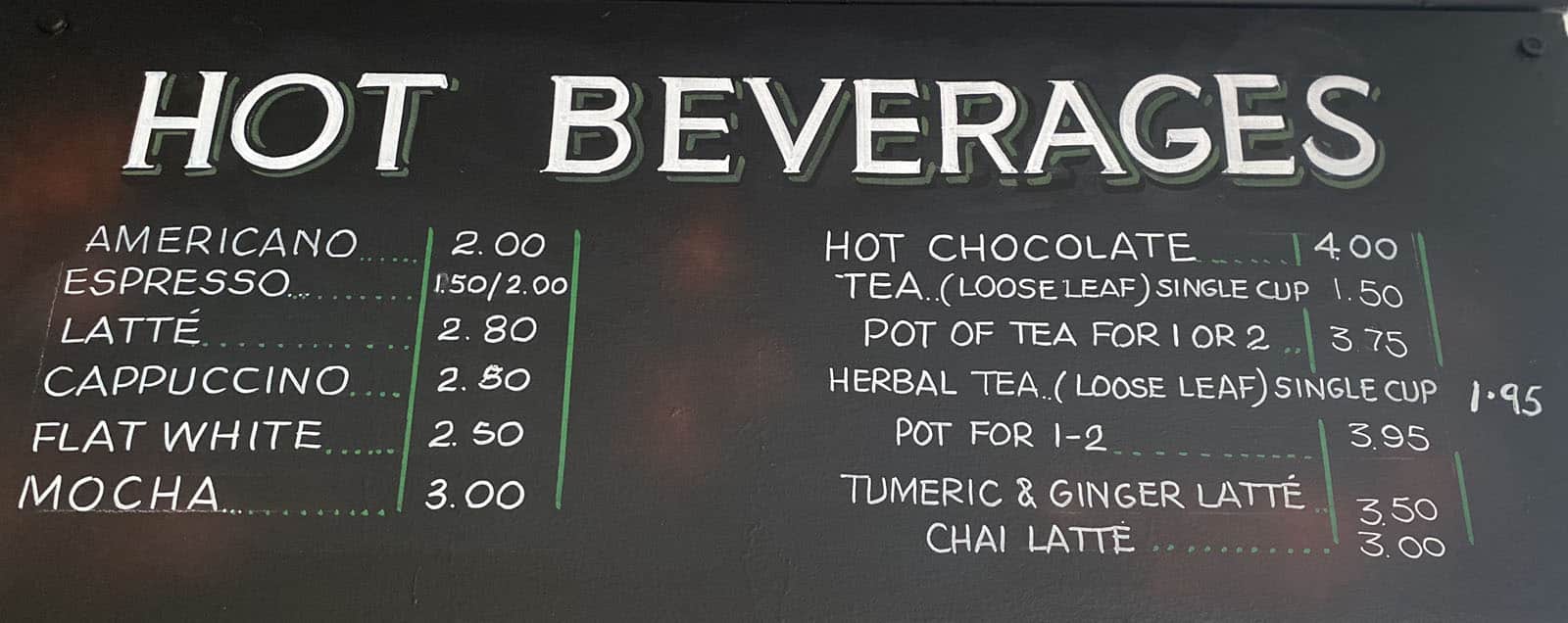 menu - hot beverages